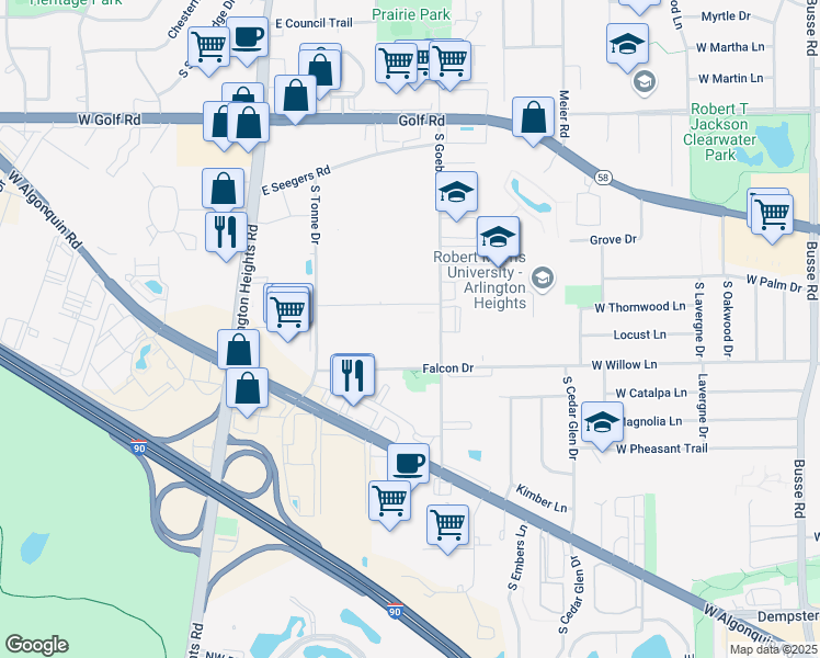 map of restaurants, bars, coffee shops, grocery stores, and more near 2218 South Goebbert Road in Arlington Heights