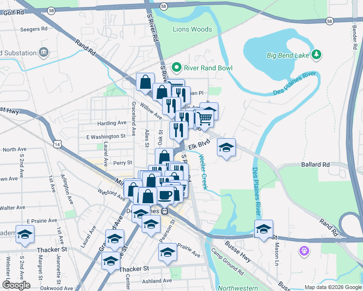 map of restaurants, bars, coffee shops, grocery stores, and more near 444 S River Rd in Des Plaines