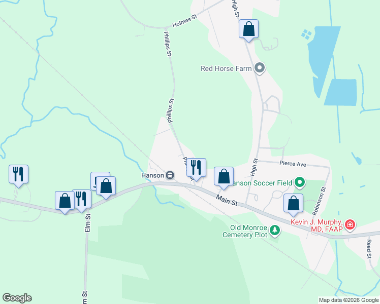 map of restaurants, bars, coffee shops, grocery stores, and more near 791 Phillips in Hanson