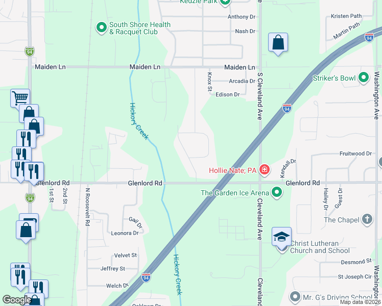 map of restaurants, bars, coffee shops, grocery stores, and more near 4001 Fox Woods Road in St. Joseph