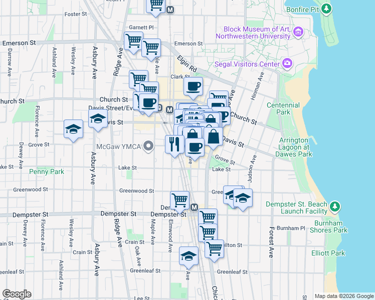 map of restaurants, bars, coffee shops, grocery stores, and more near 1518 Sherman Avenue in Evanston