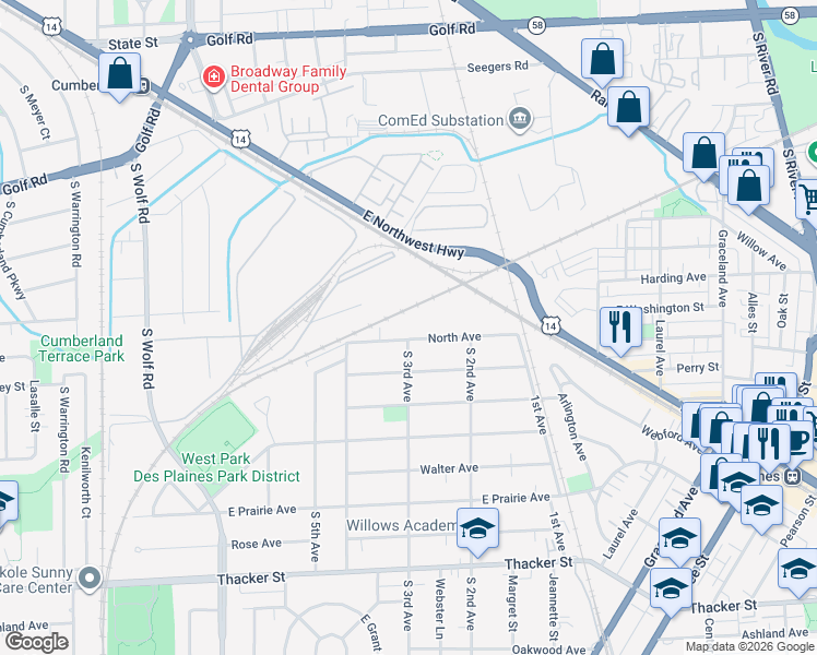 map of restaurants, bars, coffee shops, grocery stores, and more near 900 North Avenue in Des Plaines
