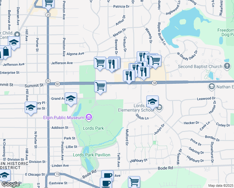 map of restaurants, bars, coffee shops, grocery stores, and more near 900 Grand Avenue in Elgin