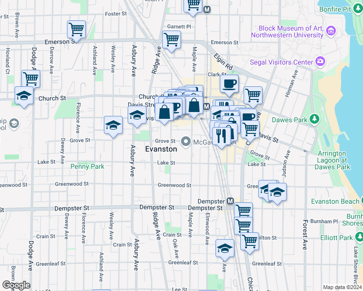 map of restaurants, bars, coffee shops, grocery stores, and more near 1555 Sherman Avenue in Evanston