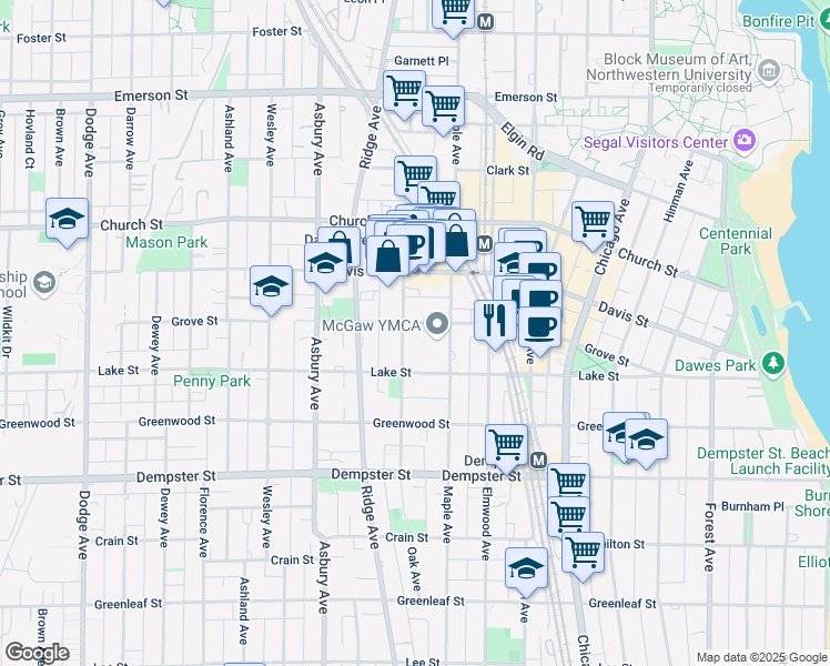 map of restaurants, bars, coffee shops, grocery stores, and more near in Evanston