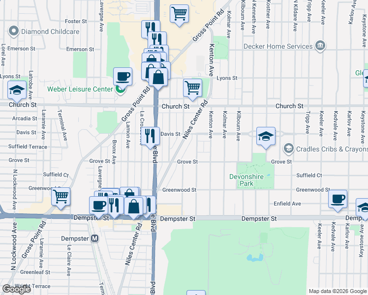 map of restaurants, bars, coffee shops, grocery stores, and more near 4668 Grove Street in Skokie