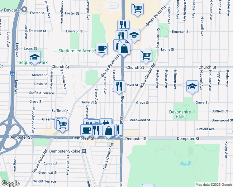 map of restaurants, bars, coffee shops, grocery stores, and more near 9016 La Crosse Avenue in Skokie