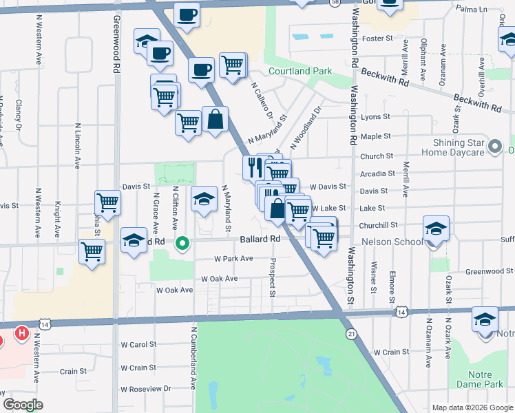 map of restaurants, bars, coffee shops, grocery stores, and more near 9050 North Milwaukee Avenue in Niles