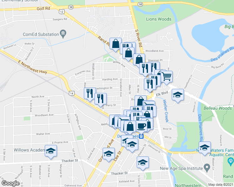 map of restaurants, bars, coffee shops, grocery stores, and more near 1397 Brown Street in Des Plaines