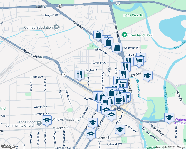 map of restaurants, bars, coffee shops, grocery stores, and more near 1336 Brown Street in Des Plaines