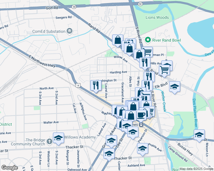 map of restaurants, bars, coffee shops, grocery stores, and more near 1336 Brown Street in Des Plaines