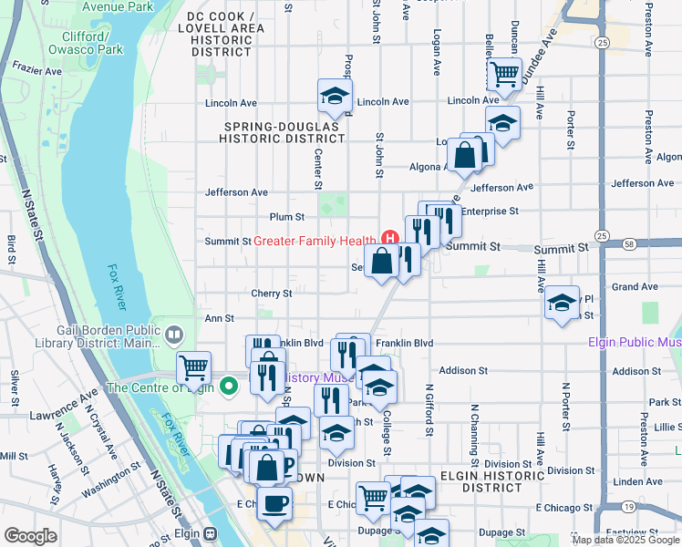 map of restaurants, bars, coffee shops, grocery stores, and more near 411 Prospect Boulevard in Elgin
