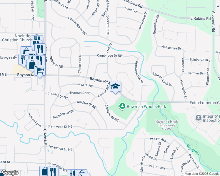 map of restaurants, bars, coffee shops, grocery stores, and more near 6802 Kent Drive Northeast in Cedar Rapids