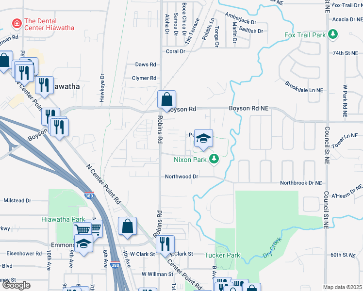 map of restaurants, bars, coffee shops, grocery stores, and more near 720 Ryan Avenue in Hiawatha