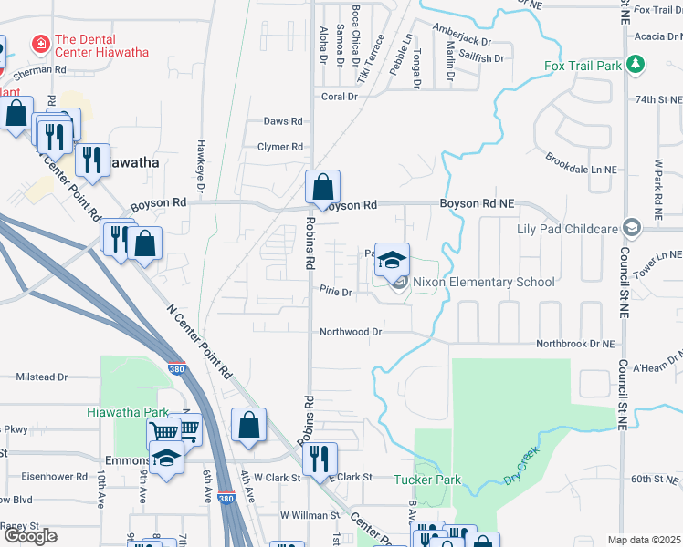 map of restaurants, bars, coffee shops, grocery stores, and more near 720 Ryan Avenue in Hiawatha