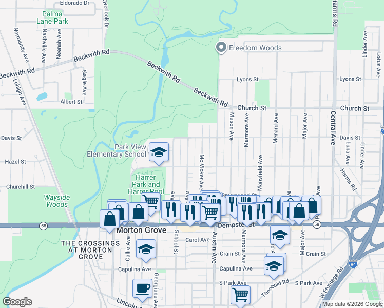 map of restaurants, bars, coffee shops, grocery stores, and more near 9011 Meade Avenue in Morton Grove