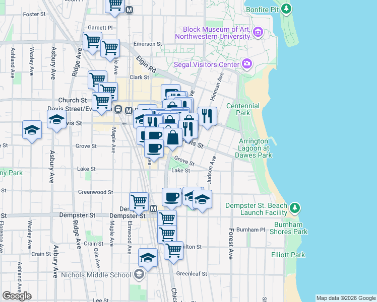 map of restaurants, bars, coffee shops, grocery stores, and more near 1516 Hinman Avenue in Evanston