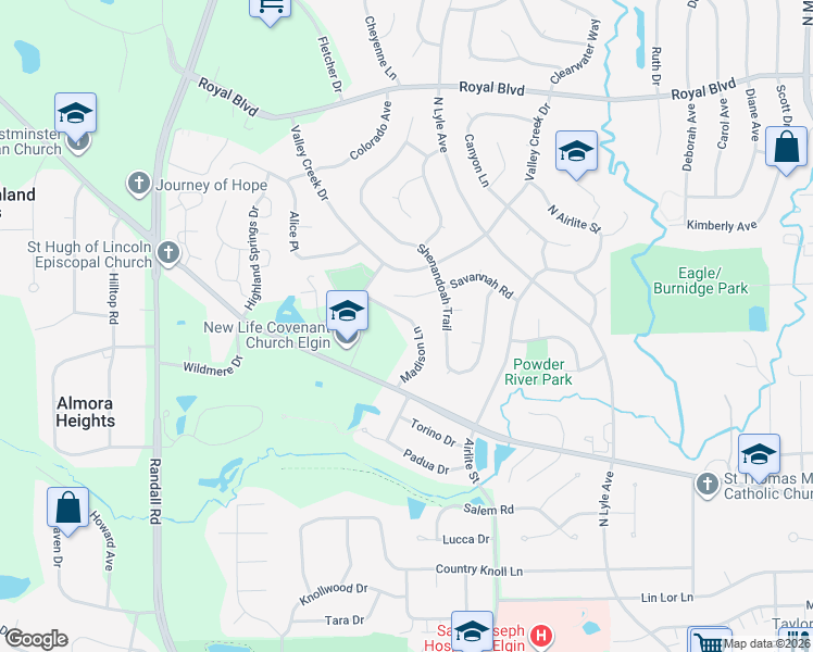 map of restaurants, bars, coffee shops, grocery stores, and more near 558 Madison Lane in Elgin