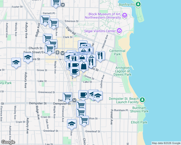 map of restaurants, bars, coffee shops, grocery stores, and more near 1516 Hinman Avenue in Evanston
