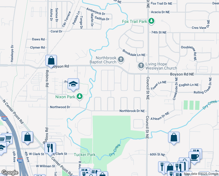 map of restaurants, bars, coffee shops, grocery stores, and more near 6700 Idlebrook Lane Northeast in Cedar Rapids