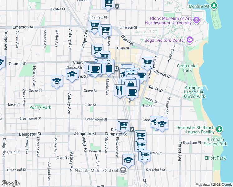 map of restaurants, bars, coffee shops, grocery stores, and more near 1514 Elmwood Avenue in Evanston