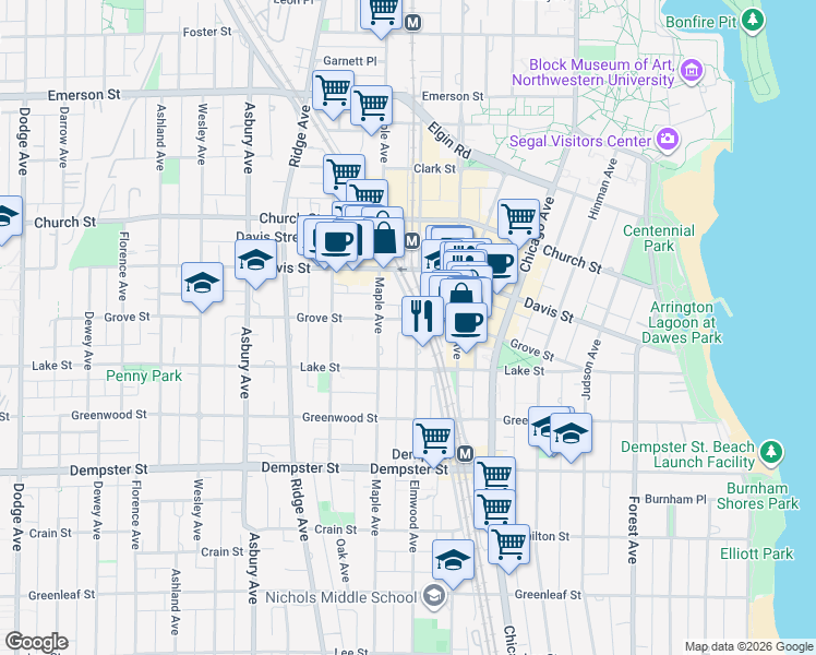 map of restaurants, bars, coffee shops, grocery stores, and more near 1514 Elmwood Avenue in Evanston