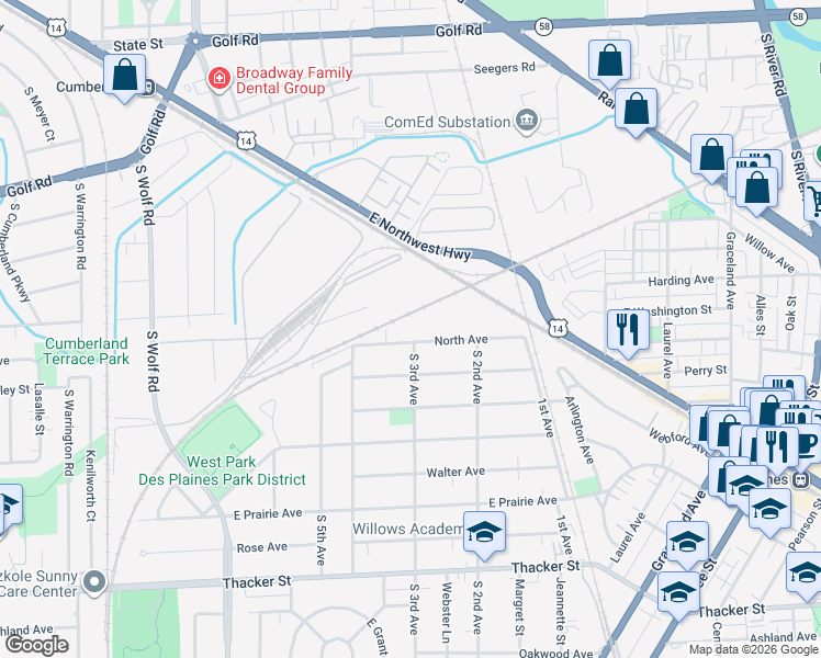 map of restaurants, bars, coffee shops, grocery stores, and more near 900 North Avenue in Des Plaines