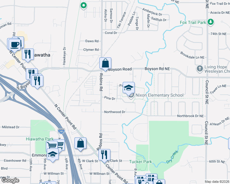 map of restaurants, bars, coffee shops, grocery stores, and more near 740 Ryan Avenue in Hiawatha