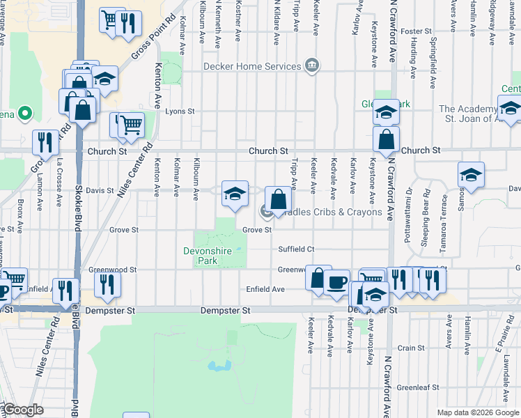 map of restaurants, bars, coffee shops, grocery stores, and more near 9020 North Lowell Avenue in Skokie