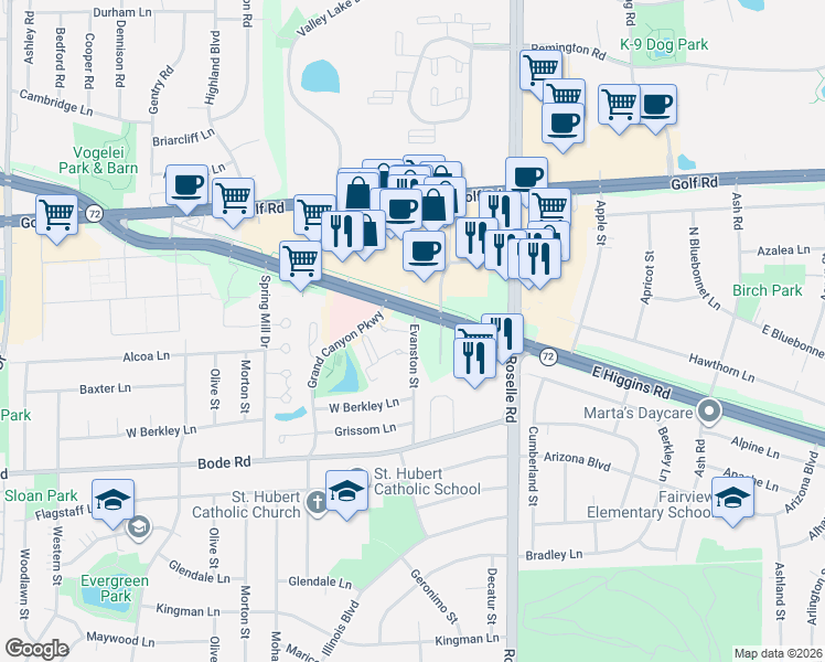 map of restaurants, bars, coffee shops, grocery stores, and more near 155 West Higgins Road in Hoffman Estates