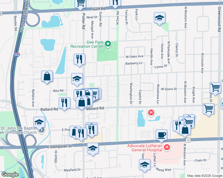 map of restaurants, bars, coffee shops, grocery stores, and more near 9122 North Lincoln Drive in Des Plaines