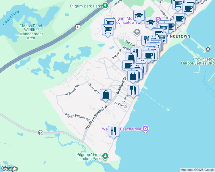 map of restaurants, bars, coffee shops, grocery stores, and more near 29 Nickerson Street in Provincetown