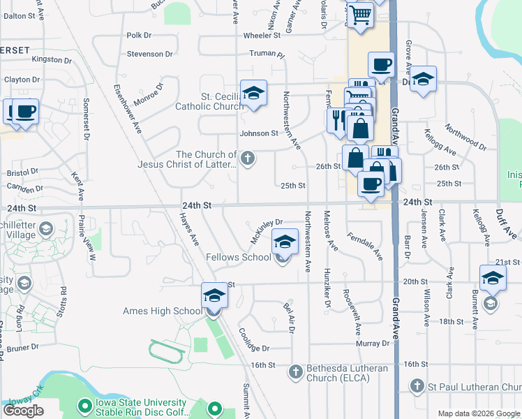 map of restaurants, bars, coffee shops, grocery stores, and more near 1255 McKinley Drive in Ames