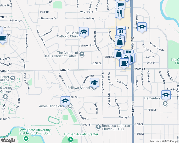 map of restaurants, bars, coffee shops, grocery stores, and more near 1255 McKinley Drive in Ames