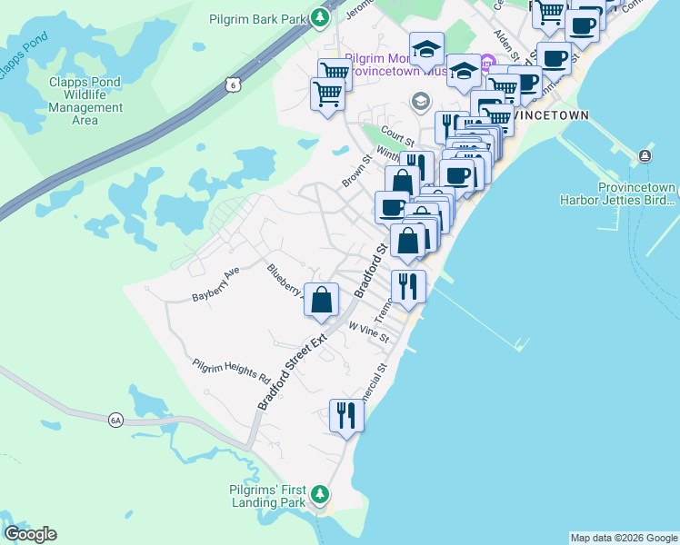 map of restaurants, bars, coffee shops, grocery stores, and more near 30 Mechanic Street in Provincetown