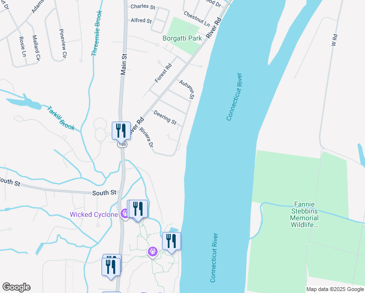 map of restaurants, bars, coffee shops, grocery stores, and more near 16 Riviera Drive in Agawam