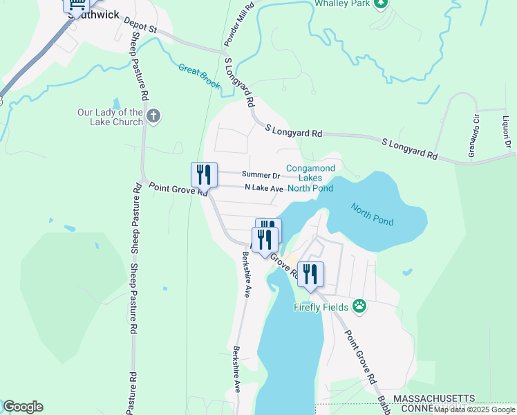 map of restaurants, bars, coffee shops, grocery stores, and more near 58 Lakemont Street in Southwick