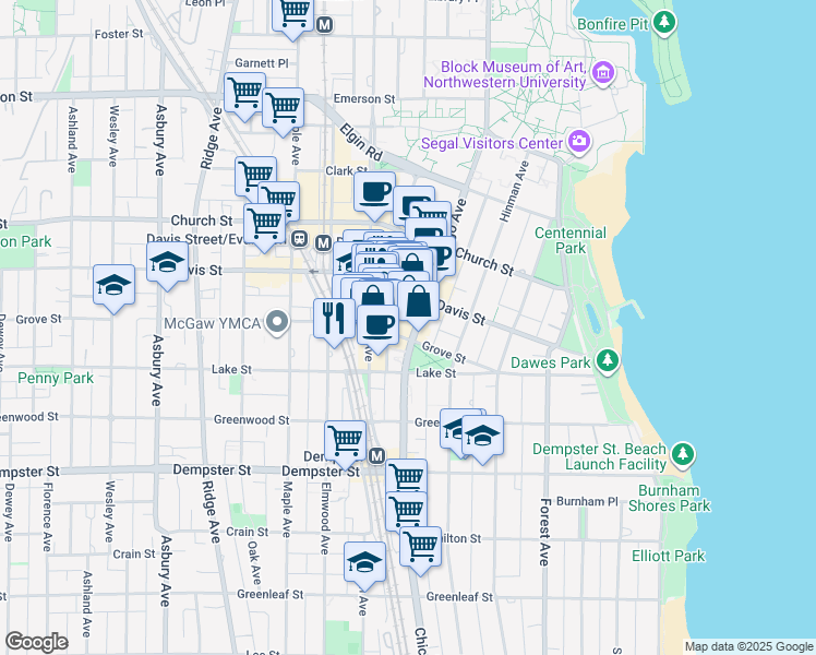map of restaurants, bars, coffee shops, grocery stores, and more near 1490 Chicago Avenue in Evanston