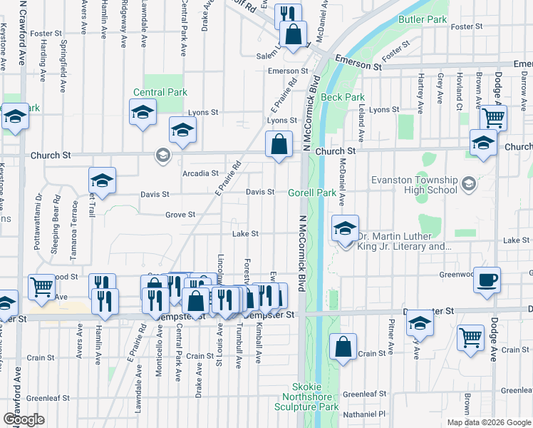 map of restaurants, bars, coffee shops, grocery stores, and more near 9016 Ewing Avenue in Evanston