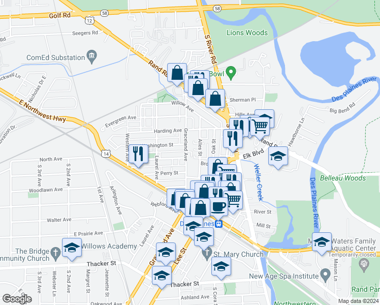 map of restaurants, bars, coffee shops, grocery stores, and more near 1397 Brown Street in Des Plaines