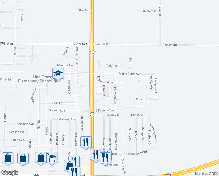 map of restaurants, bars, coffee shops, grocery stores, and more near 2205 Bison Court in Marion