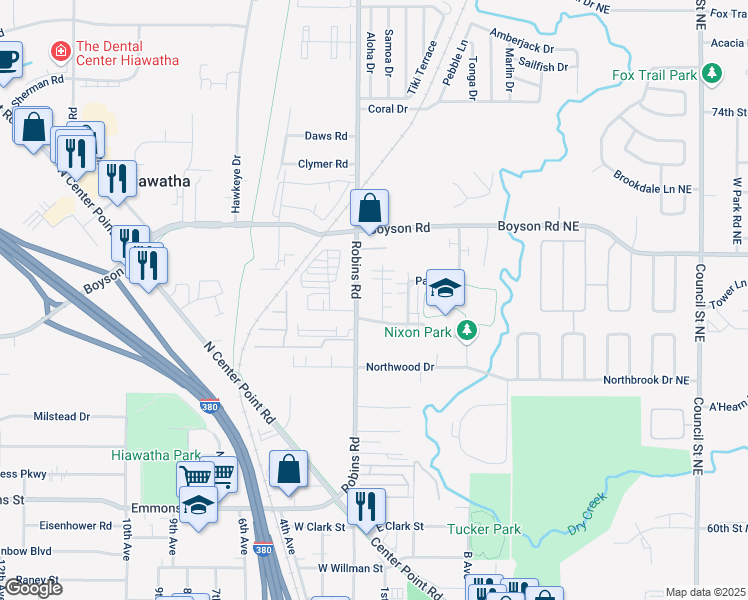 map of restaurants, bars, coffee shops, grocery stores, and more near 705 Robins Road in Hiawatha