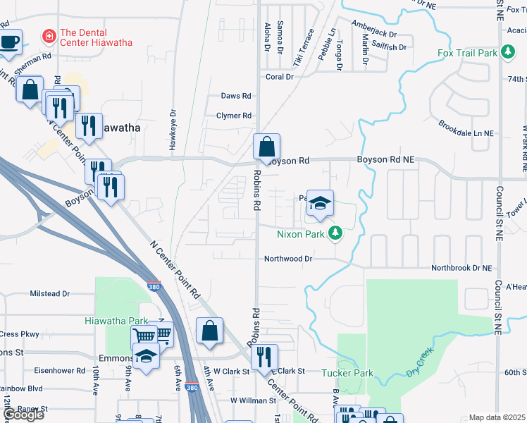 map of restaurants, bars, coffee shops, grocery stores, and more near 705 Robins Road in Hiawatha