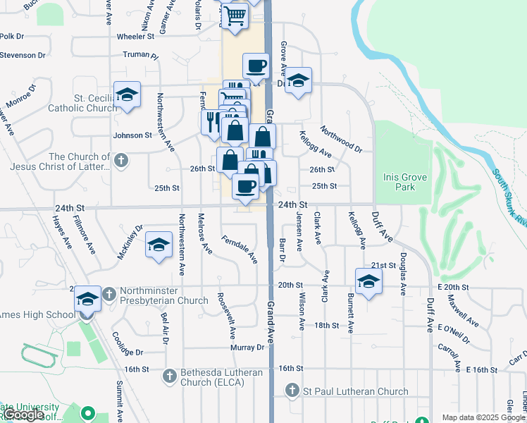 map of restaurants, bars, coffee shops, grocery stores, and more near 2302 Furman Drive in Ames
