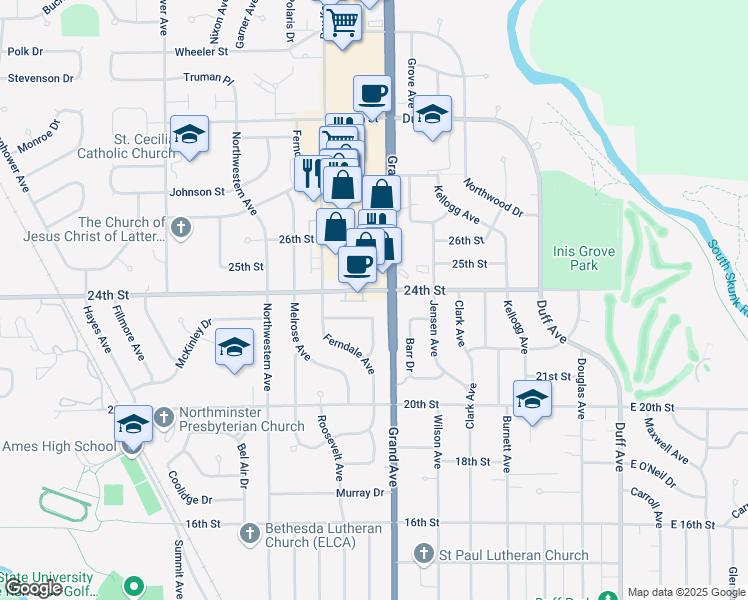 map of restaurants, bars, coffee shops, grocery stores, and more near 2302 Furman Drive in Ames