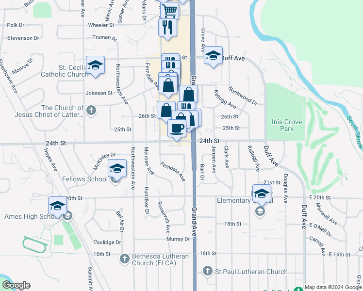 map of restaurants, bars, coffee shops, grocery stores, and more near 2302 Furman Drive in Ames