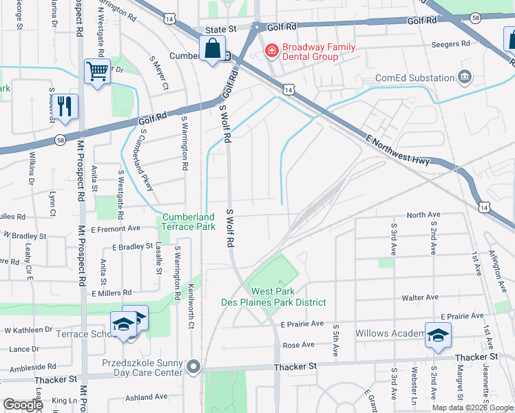 map of restaurants, bars, coffee shops, grocery stores, and more near 529 East Washington Street in Des Plaines