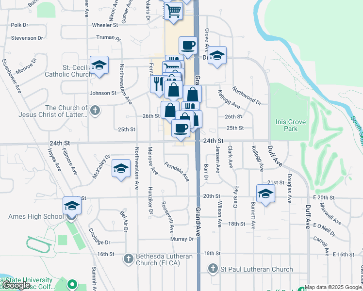 map of restaurants, bars, coffee shops, grocery stores, and more near 726 24th Street in Ames