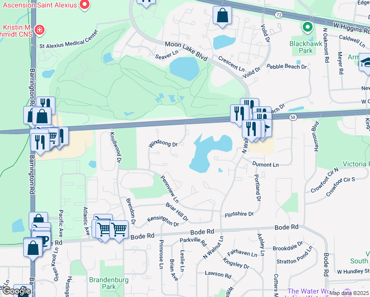 map of restaurants, bars, coffee shops, grocery stores, and more near 1917 Windsong Drive in Schaumburg