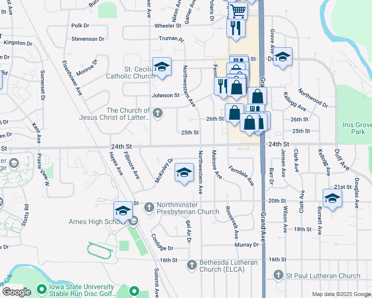 map of restaurants, bars, coffee shops, grocery stores, and more near 1221 McKinley Drive in Ames